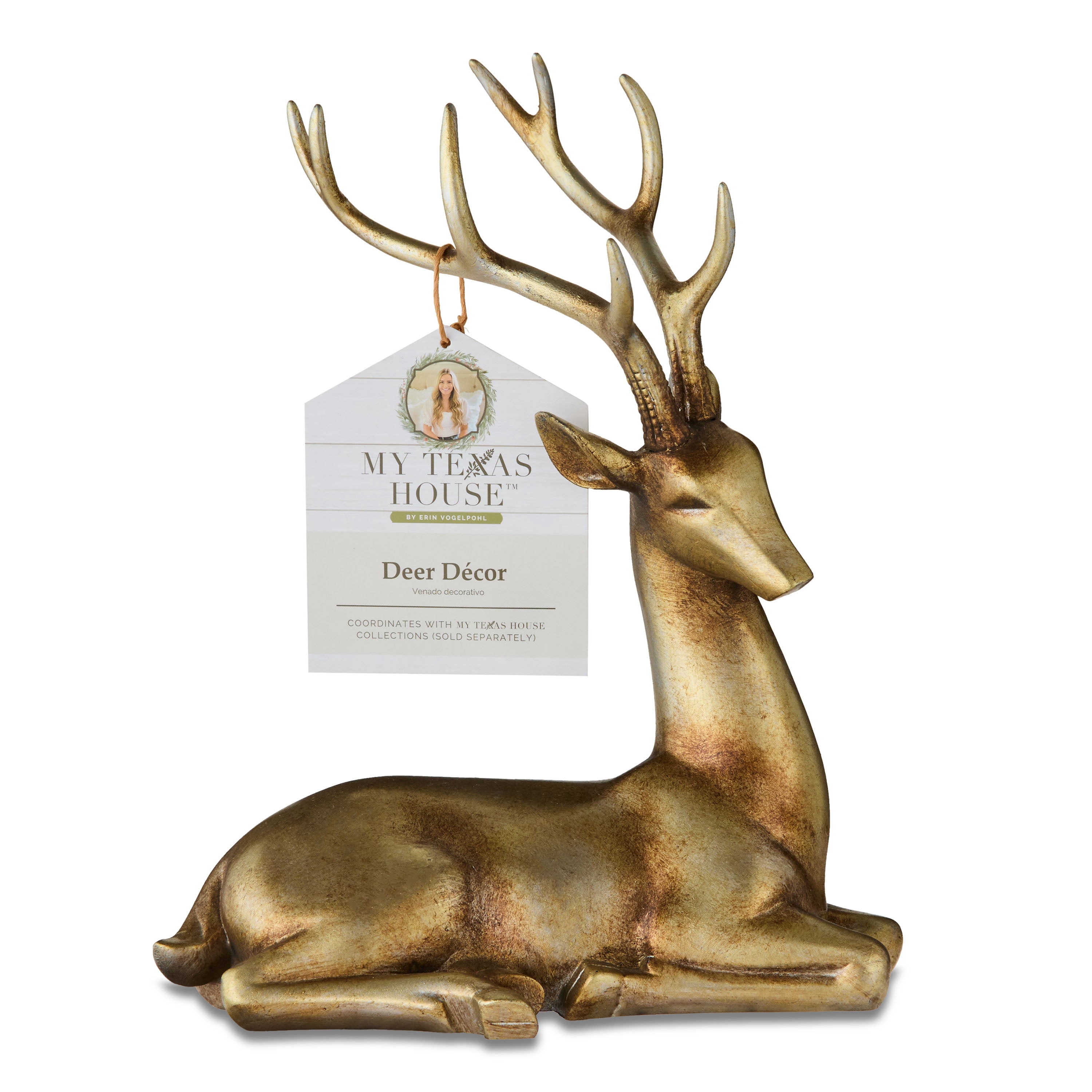 Sitting Deer Christmas Tabletop Decoration, Gold, 11", by My Texas House
