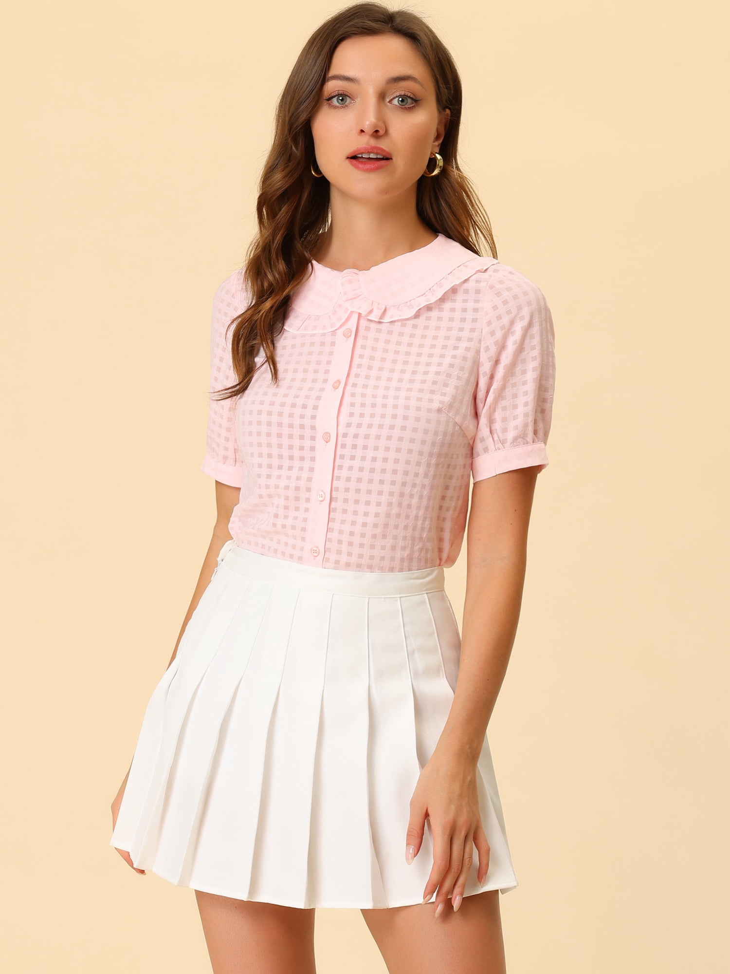 DARING DIVA Women's Peter Pan Collar Ruffled Trim Gingham Shirts Blouse M Pink