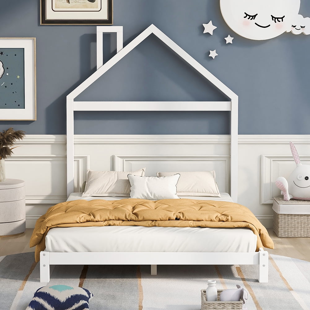 Kepooman Wood Platform Bed Frame with House-Shaped Headboard, Full Size, White Kepooman Wood Platform Bed Frame with House-Shaped Headboard, Full Size, White