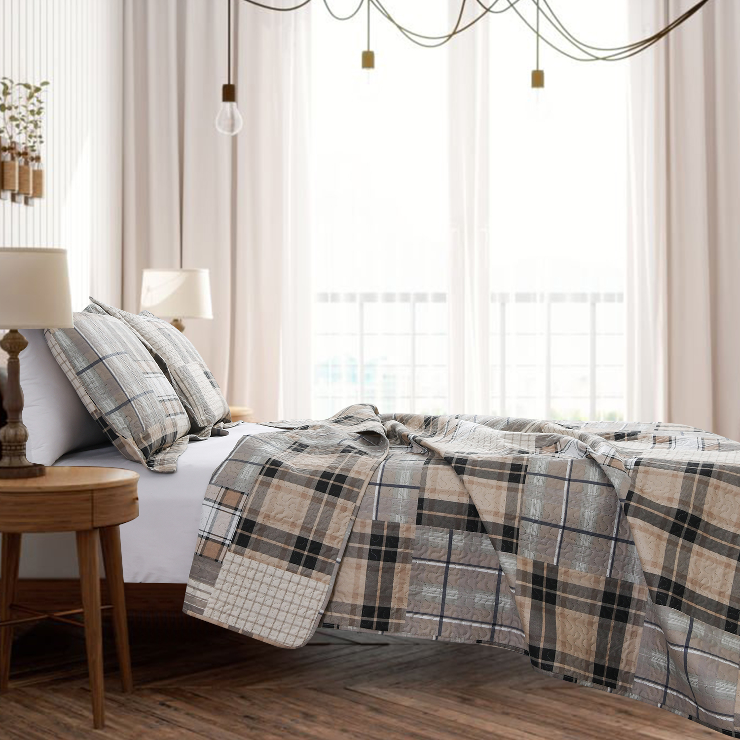 Kebury Plaid Quilt Set King Size Microfiber Ultra Soft Bedspread Ligthtweight Bedding Brown Coffee Quilt Coverlet Collection for Bedroom (1 Quilt, 2 Pillow Shams)