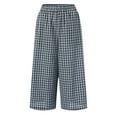 thumbnail image 4 of felwors Women's Cotton Linen Pants Elastic Waist Plaid Gingham Wide Leg Capri Palazzo Pants Blue, XXL, 4 of 5