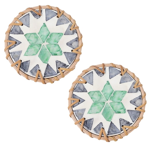 2 Pcs Round Rattan Coasters Shell Coasters Drink Tea Coffee Cup Mat Retro Rustic Placemat Shell Woven Coffee Table Protection Green Flower