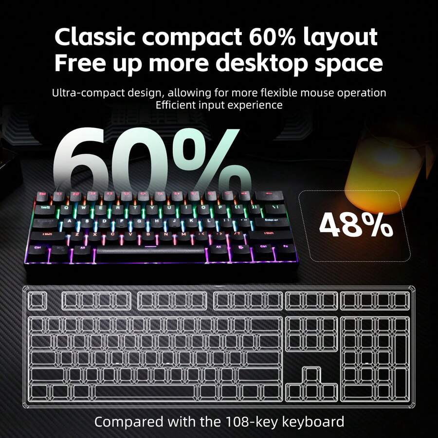 KL61 Wired 60% Mechanical Gaming Keyboard RGB Backlit 61 Keys Ultra-Compact With Hot Swappable Blue/Red Switch