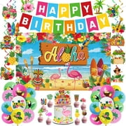 Aloha Beach Themed PresNok Party Decorations - Hawaiian Luau Birthday Supplies with Banner Backdrop, Cake Toppers, Balloons for Tropical Summer Pool Party