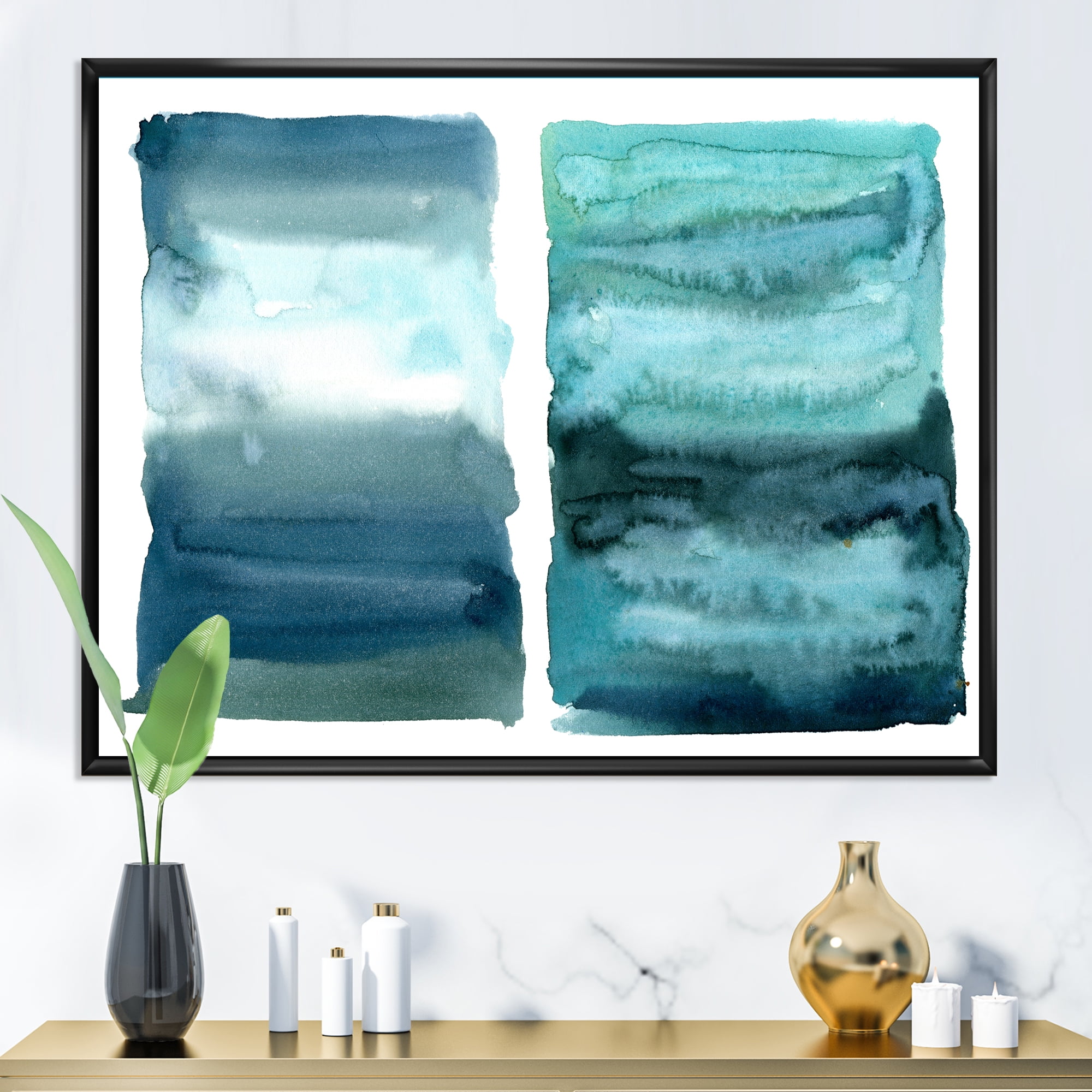 Abstract Blue Ocean Aquatic Impression II 32 in x 24 in Framed Painting Canvas Art Print, by Designart