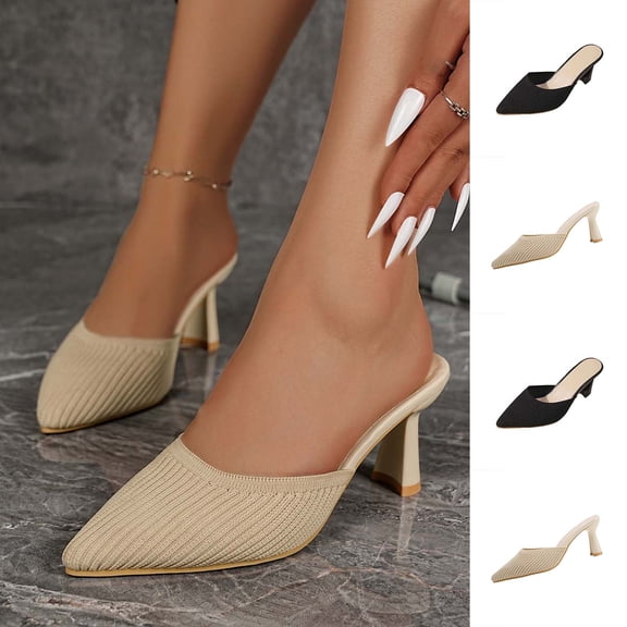 Women's Knit Mule Heels for Women Trendy Pointed Toe Breathable Knit Chunky Heel Sandals Comfortable Slip On Dress Heels Fashion Plus Size Wide Width Beige Shoes for Women