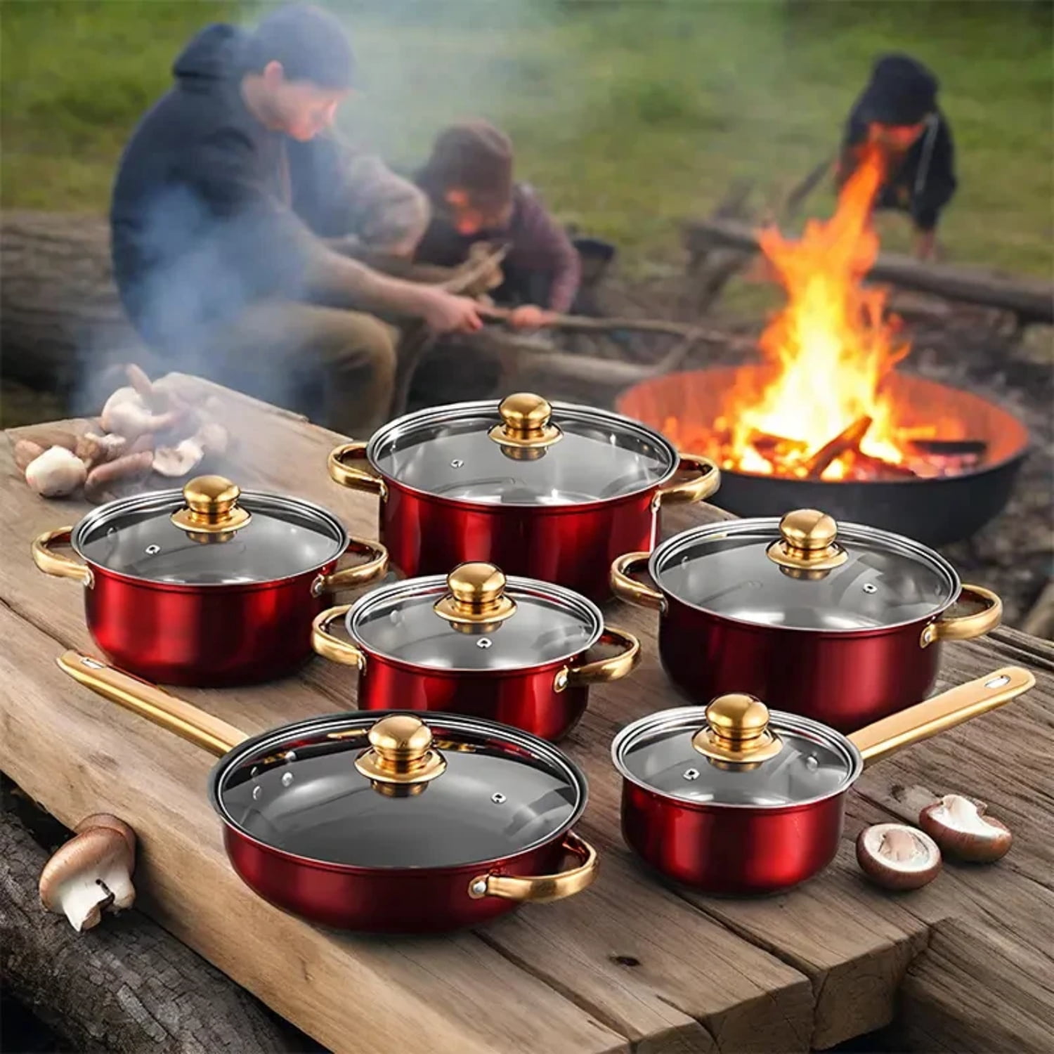 12-Piece Stainless Steel Cookware Set, Nonstick Pots and Pans Kitchen Set with Lids, Durable Induction Compatible, for Home, Restaurant, Gas & Electric Stoves – Red