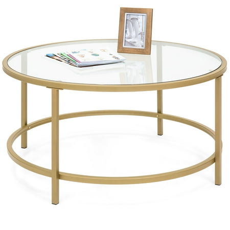 Best Choice Products Round 36in Tempered Glass Coffee Table w/ Satin Gold Trim for Home, Living Room, Dining (Whats The Best Gold)