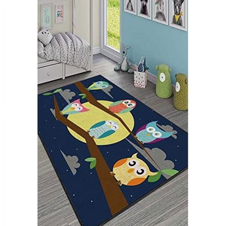 LaModaHome Area Rug Non-Slip - Navy blue Various owls Soft Machine Washable Bedroom Rugs Indoor Outdoor Bathroom Mat Kids Child Stain Resistant Living Room Kitchen Carpet 5.9 x 9.3 ft