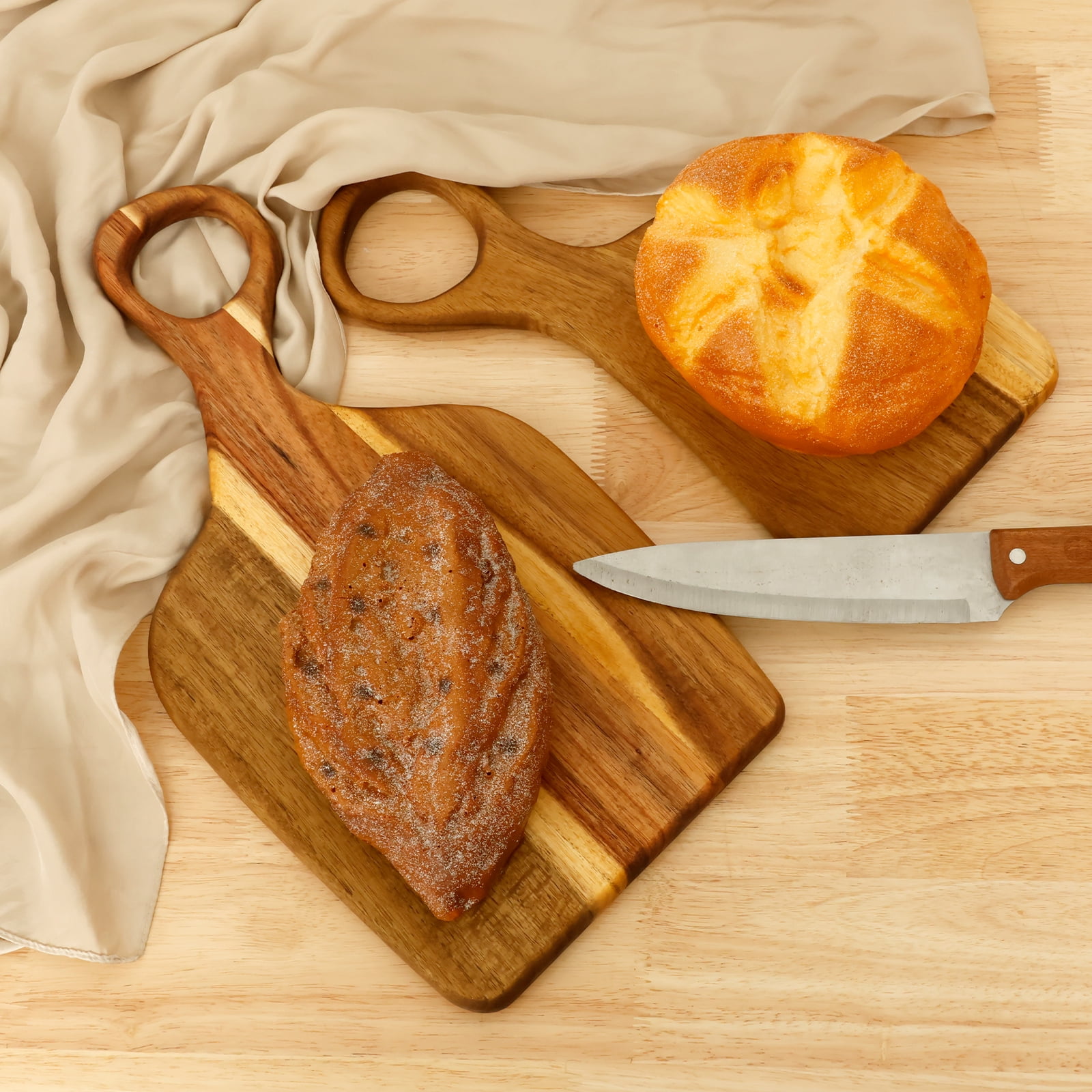 Grusce 2PCS Acacia Wood Couple Cutting Board, Smooth Edge Couple Charcuterie Board with Handle, Large Thick Wooden Cutting Boards, Kitchen Cutting Boards for Meat, Bread, Fruits Serving Board