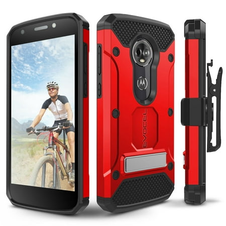 Motorola Moto E5 Plus Case, Evocel [Explorer Series Pro] with Glass Screen Protector & Metal Kickstand for Motorola Moto E5 Plus, Red