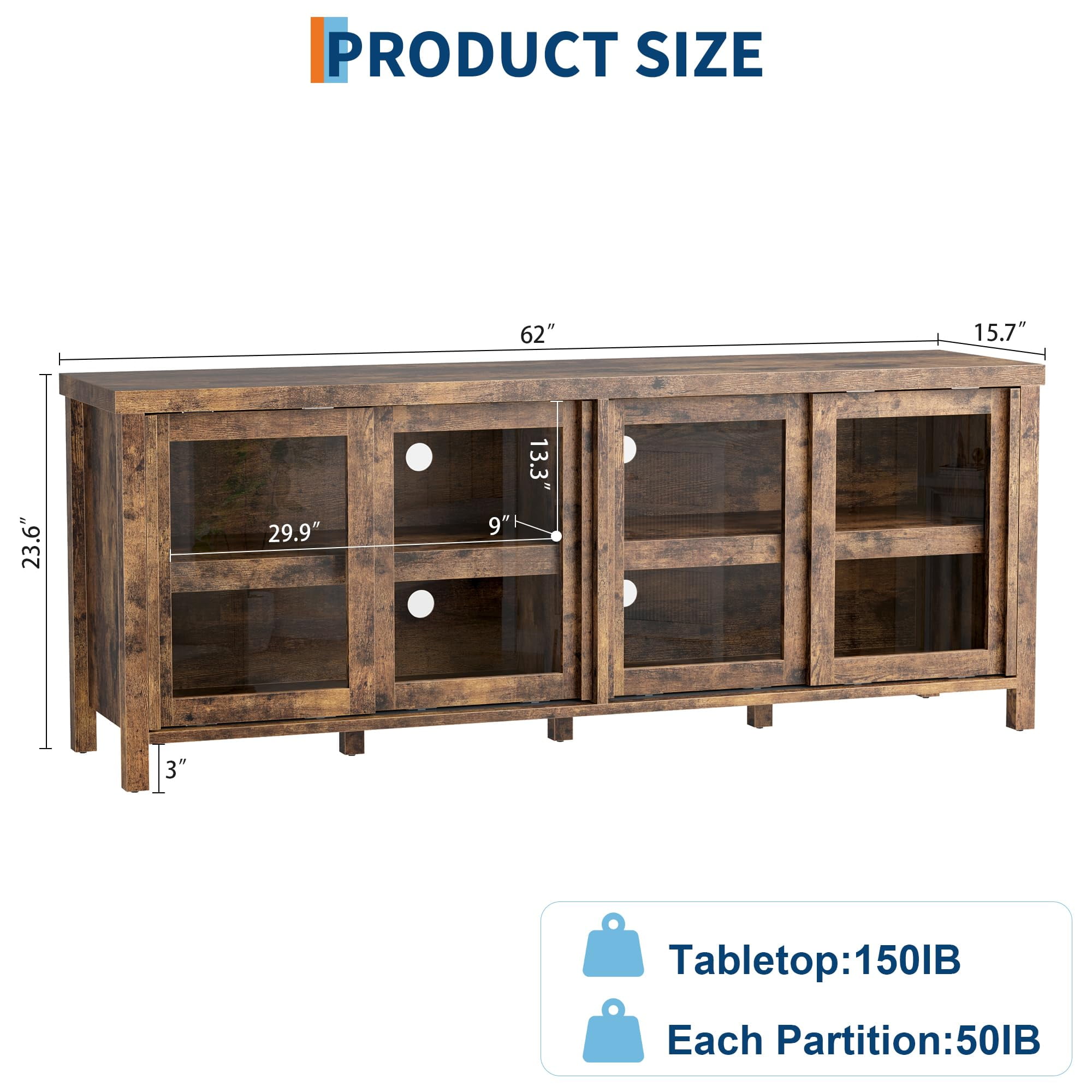 62" Farmhouse TV Stand for TVs up to 75 Inch - Entertainment Center with Glass Sliding Doors & Adjustable Shelves - Large Storage Media Console for Living Room & Bedroom - Black / Gray / Retro