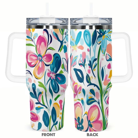 40oz Colorful Abstract Floral Travel Tumbler with Handle and Straw Lid Pink Blue Insulated Car Coffee Cup Gift for Women