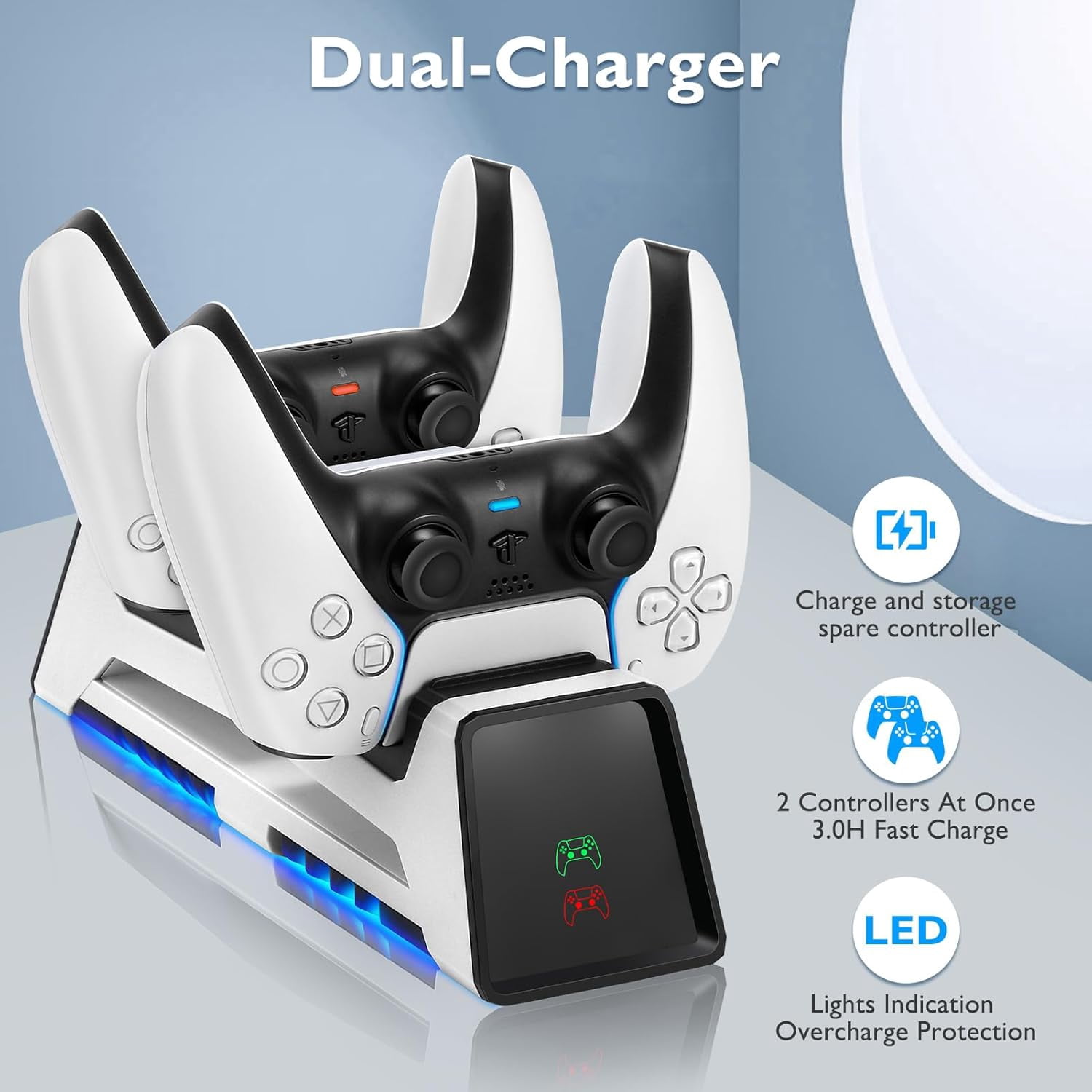 3 in 1 Controller Charging Station for PS VR2 / PS5 / PS5 Edge with 5V/3A Adapter & Led Light, Wireless Controller Charger Dock for Playstation 5, Charging Stand with VR2 Headset Holder