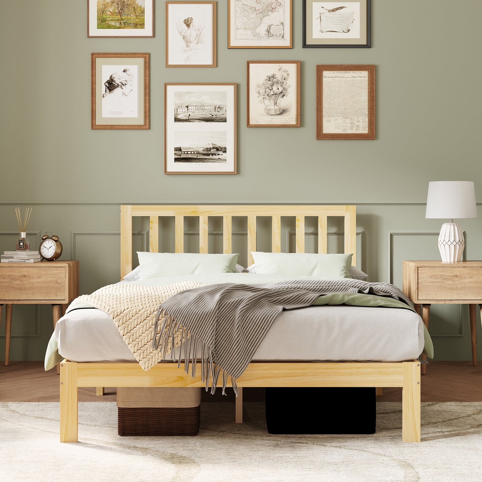 Novilla 12" Bed Frame Wood Bed Frame Full with Headboard,Off-White Wood Bed Frame Foundation with Wood Slat Support, No Box Spring Needed, Easy Assembly