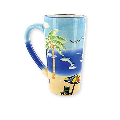 MUG Beach Palm Tree Embossed Ceramic Tall Coffee & Tea Cup 14 Oz Unique dolphin Design - Best Gift for friends family holiday Idea