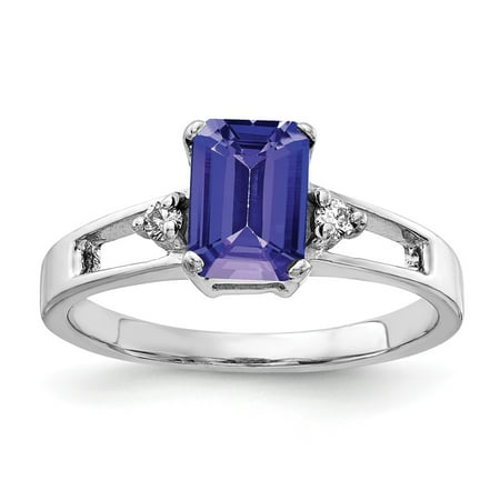 Solid 14k White Gold 7x5mm Emerald Cut Tanzanite Blue December Gemstone Diamond Engagement Ring Size 6.5 (.04 cttw.)