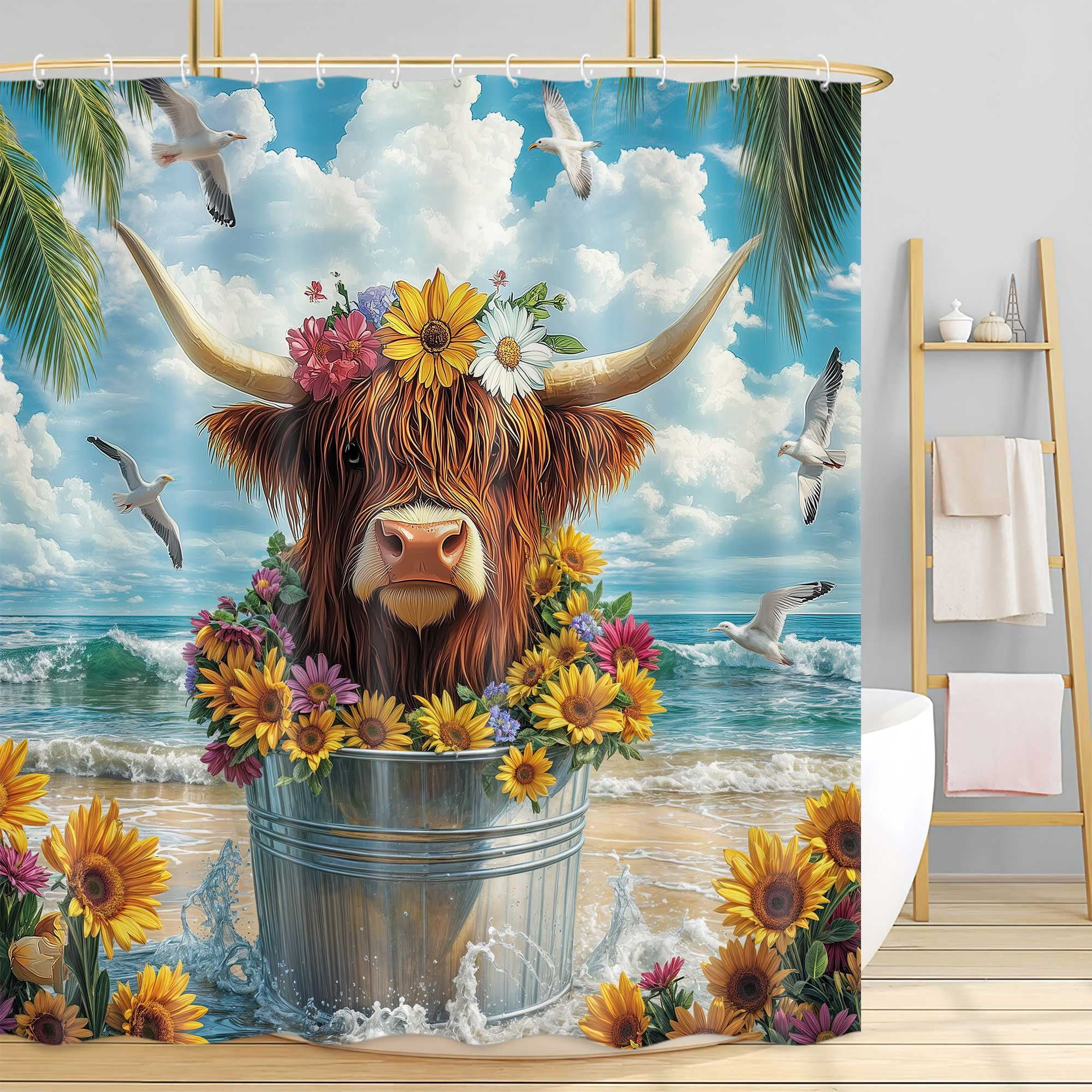 Beach Cow Shower Curtain, Farmhouse Western Rustic Floral Funny Highland Cow Bathroom Shower Curtain Set, Summer Ocean Cute Farm Animal Sunflower Bathroom Accessories Decor, Hooks Included,72x72In
