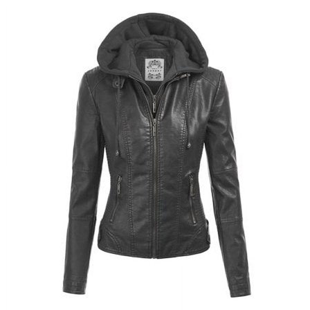 Made by Johnny Women's Faux Leather Quilted Motorcycle Jacket with Hoodie M BLACK