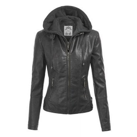 Made by Johnny Women's Faux Leather Quilted Motorcycle Jacket with Hoodie M BLACK