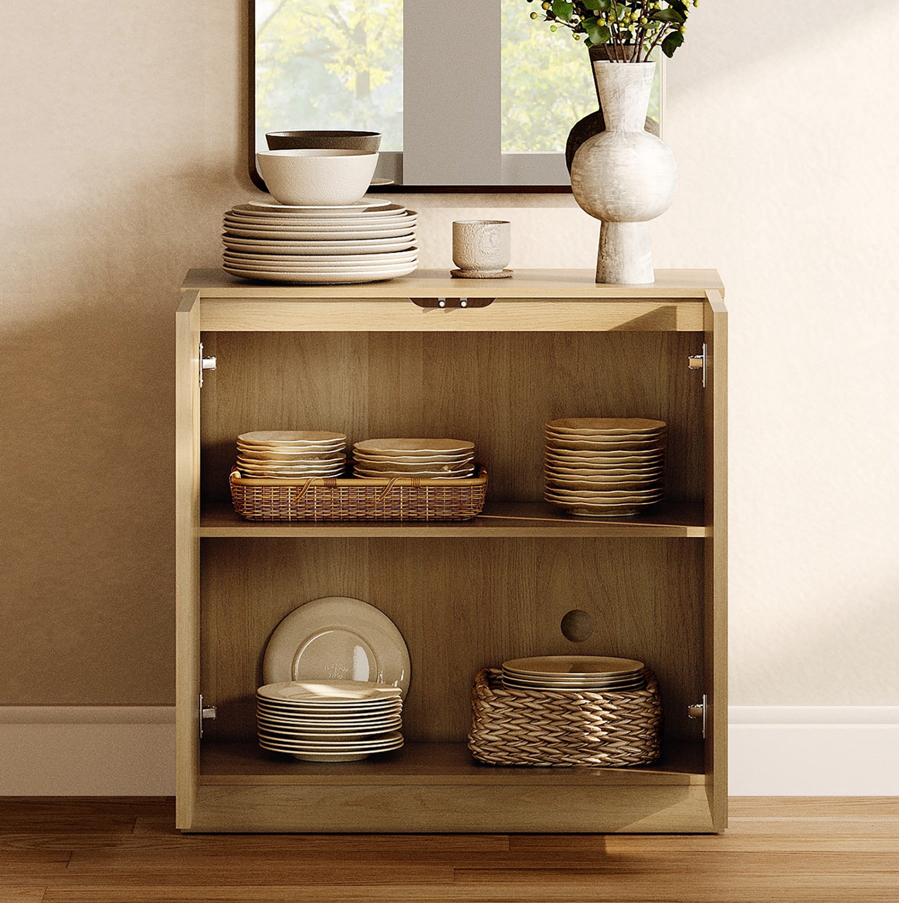 31.5" Modern Sideboard Buffet Cabinet with 2 Doors, Multifunctional Sideboard with Large Storage and Adjustable Shelf, Oak