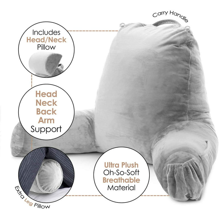 Nestl Backrest Reading Pillow, Back Support Pillow with Arms, Shredded Memory Foam Bed Rest Pillow, Silver Gray