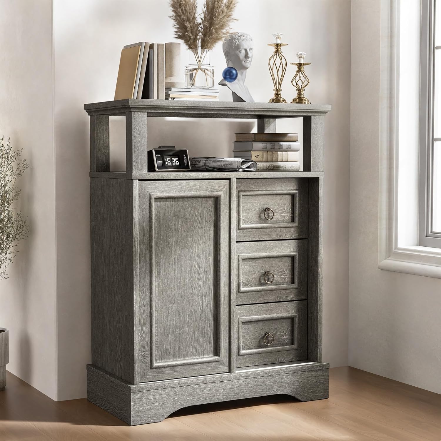 Vabches Kitchen Pantry Storage Cabinet with 3 Drawers, Vintage Floor Cabinet with Adjustable Shelves and Open Shelves for Kitchen,Living Room,Home Office