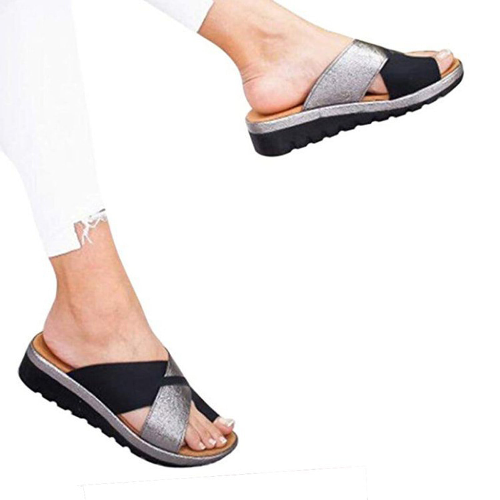 Details about   Women's Summer Slippers Slip On Wedge Beach Sandals Open Toe Faux Leather Shoes