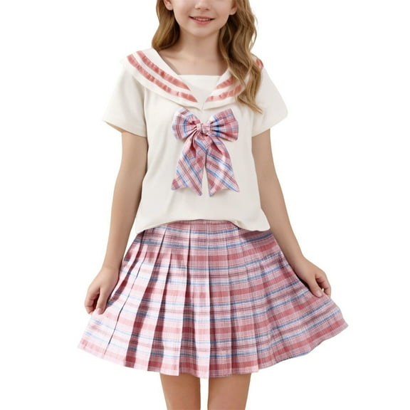 TEAJOPSUU Girls Skirt Set Preppy Uniform 2-Piece Outfit Short Sleeve Tee Shirt with Bow & Mini Pleated Plaid Skirts Girls Cute Set 2-11 Years Pink