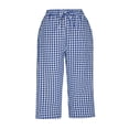 thumbnail image 6 of Hesxuno Plaid Straight Leg Pants for Women Drawstring Elastic Waist Capris Pants Cotton Gauze Lounge Pants Casual Comfortable Soft Summer Pants Blue S, 6 of 6