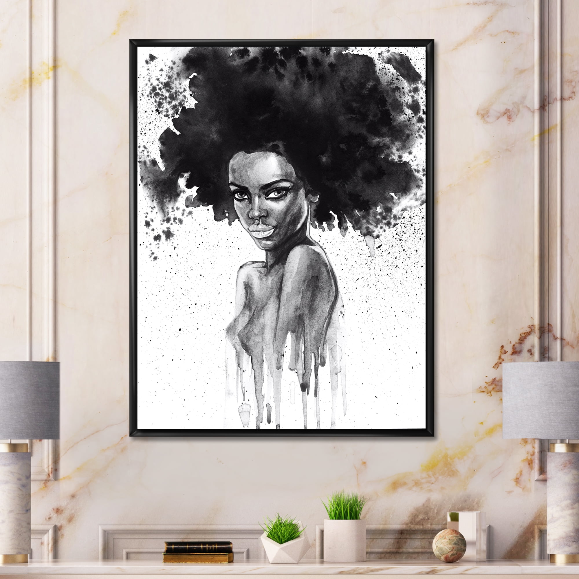 Designart 'Black and White Portrait of African American Woman III' Modern Framed Canvas Wall Art Print