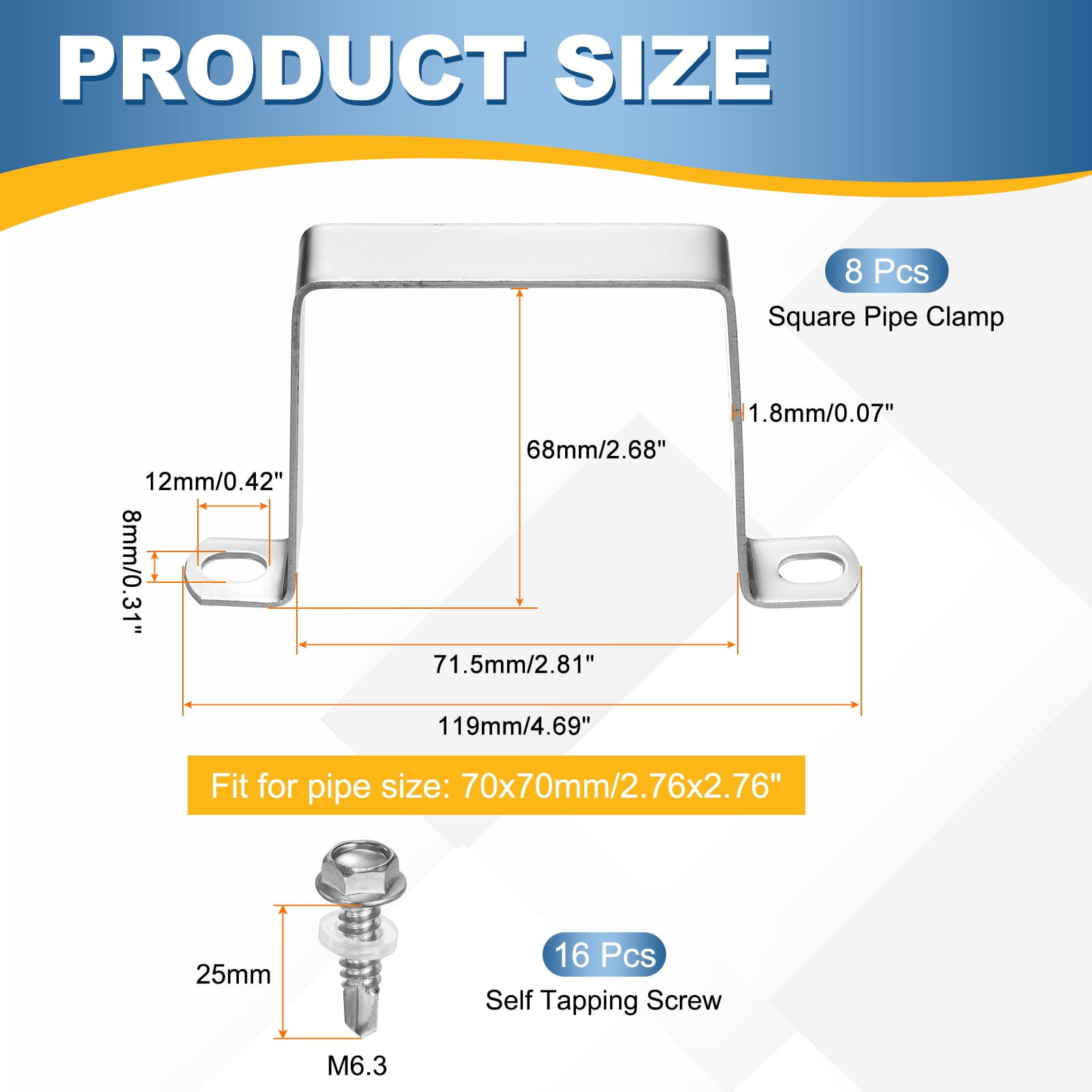 Uxcell 8set U Shaped Connector Bracket 70x70mm 304 Stainless Steel Square Pipe Clamp with Self Tapping Screw Square Tube Buckle for Pipe Hose Cable Automotive Parts, Silver