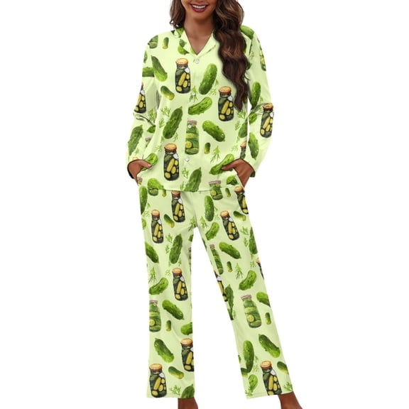 Garronmavis Pickled Cucumber Pajama Sets for Women 2 Piece Soft Long Sleeve Button Down Sleepwear Comfortable Lounge Set Womens PJs with Pockets Nightwear Outfit for Ladies