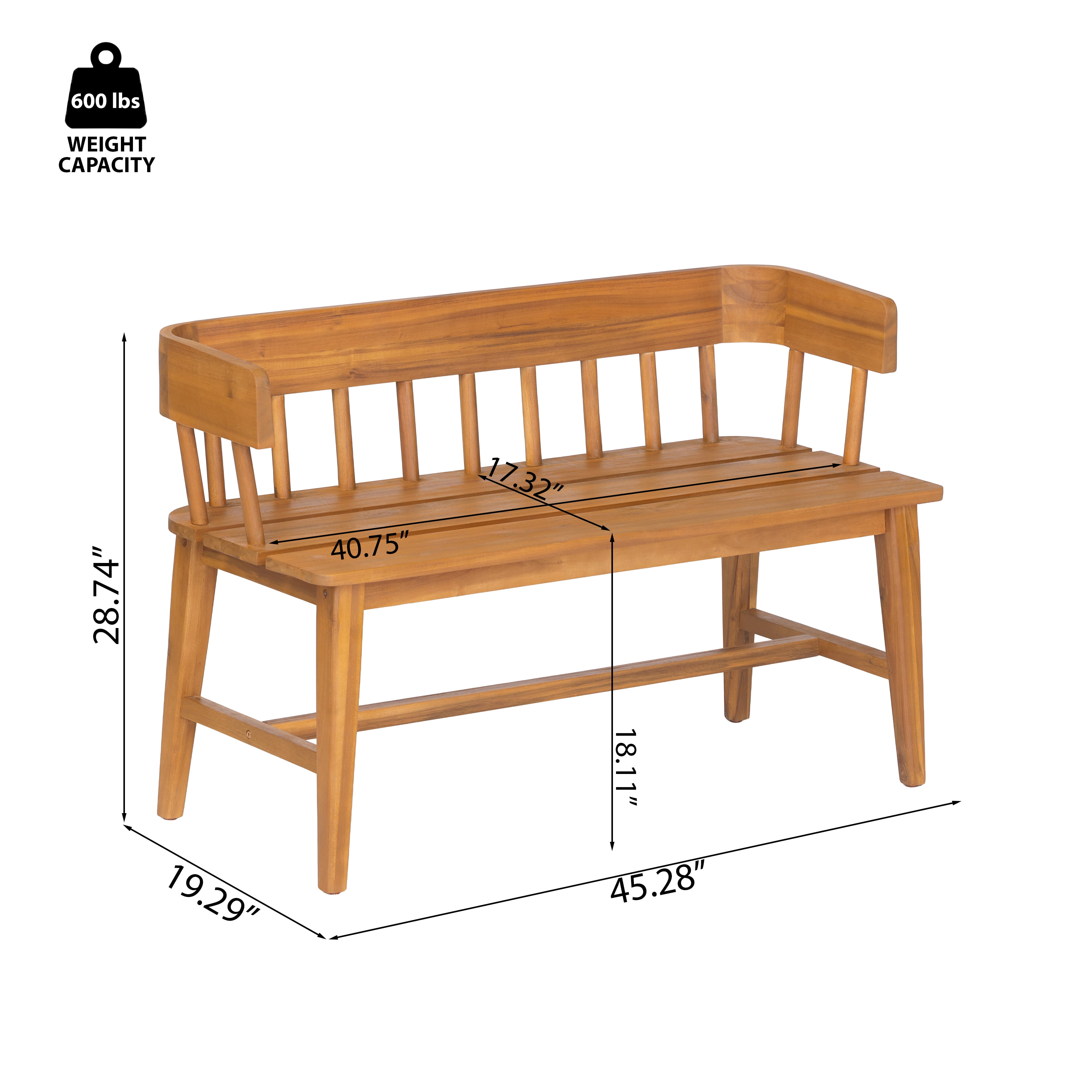 Outdoor Bench with Acacia Wood and Slatted Back, Garden Patio Bench and Porch Seating with Teak Finish, Teak
