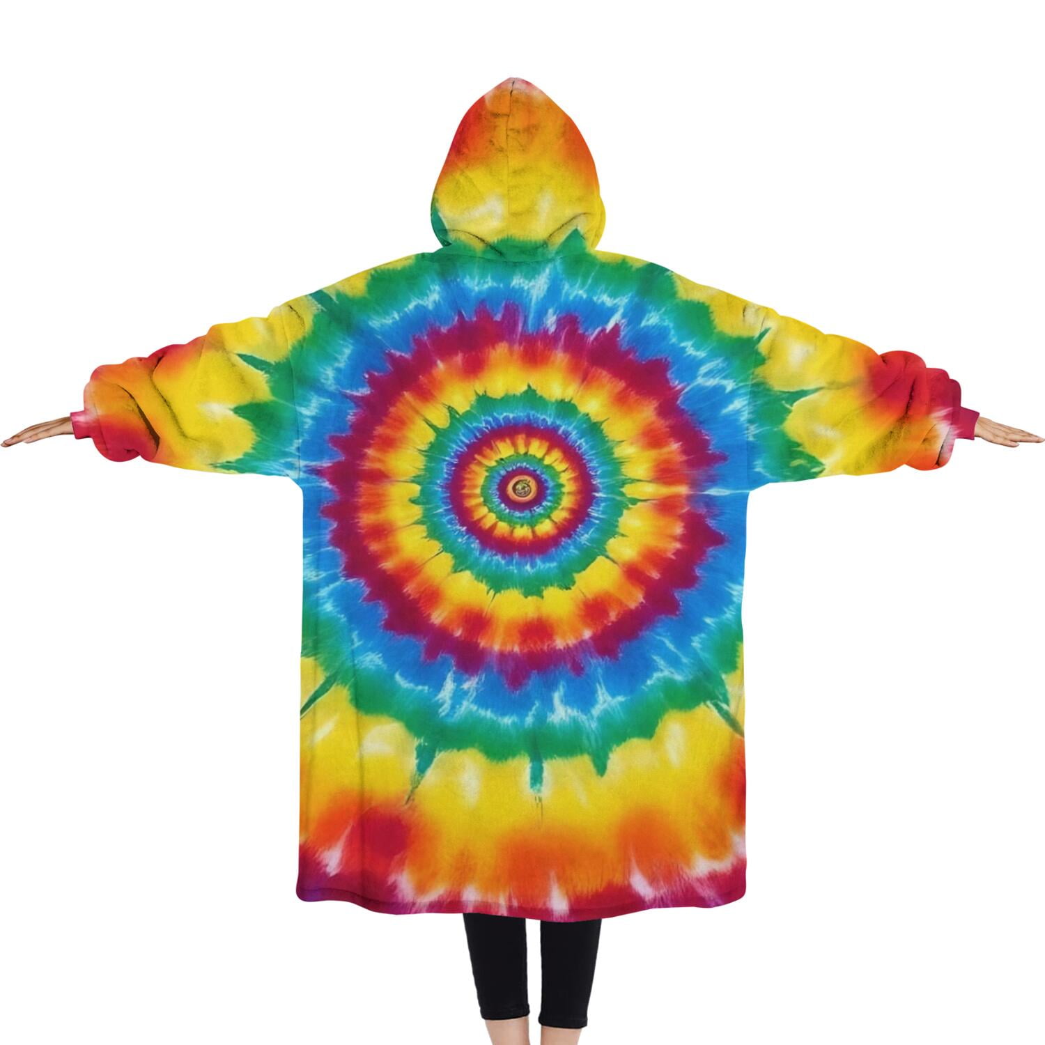 Oversized Wearable Blanket Hoodie,Rainbow Tie Dye Concentric Circles Sherpa Blanket Hoodie with Super Pockets,Super Warm Fuzzy Pullover for Women & Men