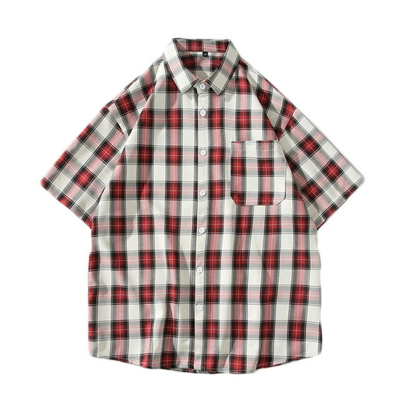 WREESH Men's Button Down Shirts Classic Plaid Short Sleeve with Turn-Down Collar and Pockets for Everyday Casual Wear Red