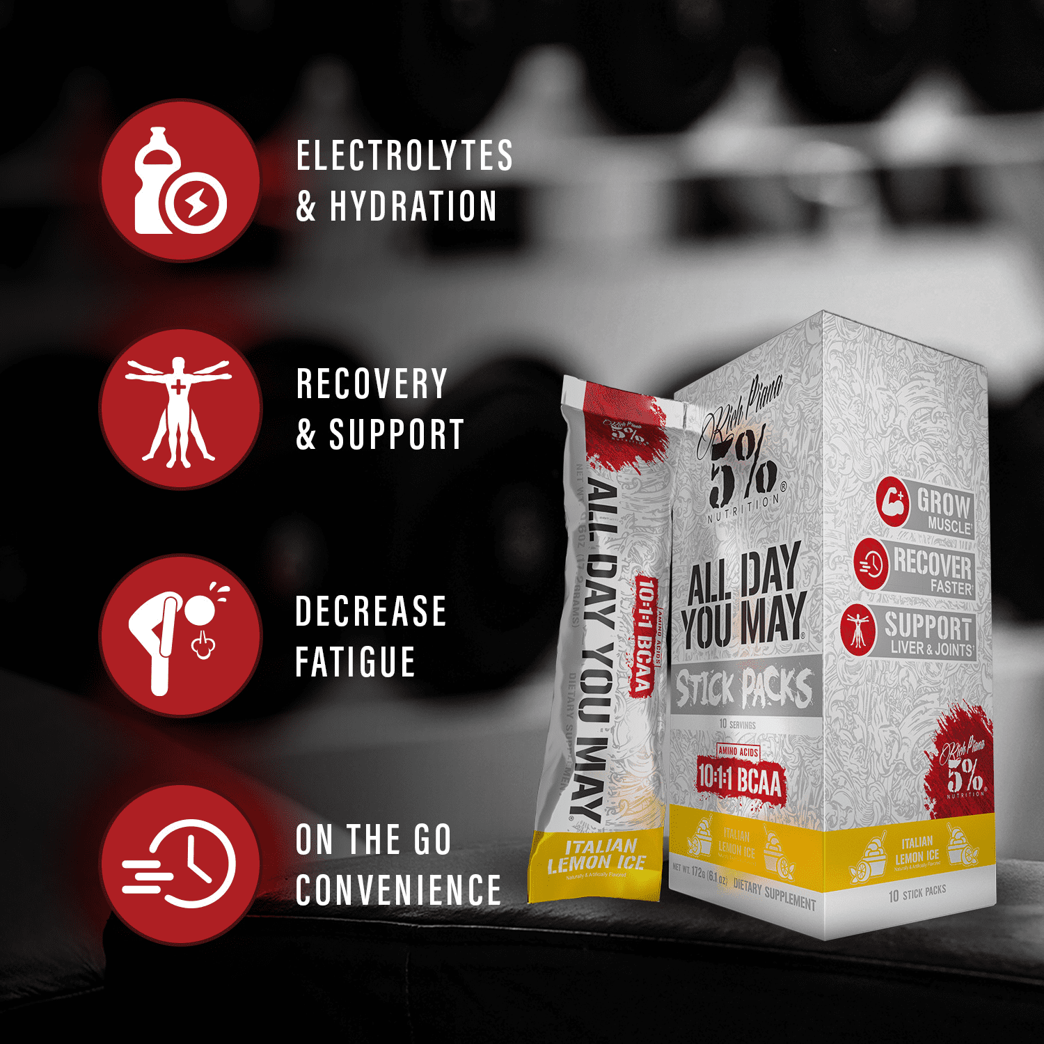 5% Nutrition Rich Piana AllDayYouMay Amino Acid Powder | 9g of Premium Intra & Post Workout Amino Acids for Hydration, Endurance, and Muscle Support (Italian Lemon Ice Flavor)