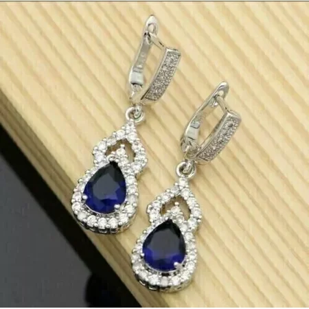 3 Ct Pear Cut Cubic Zirconia Blue Sapphire Drop Dangle Earrings in 14K White Gold Plated Sterling Silver – Elegant Women's Jewelry