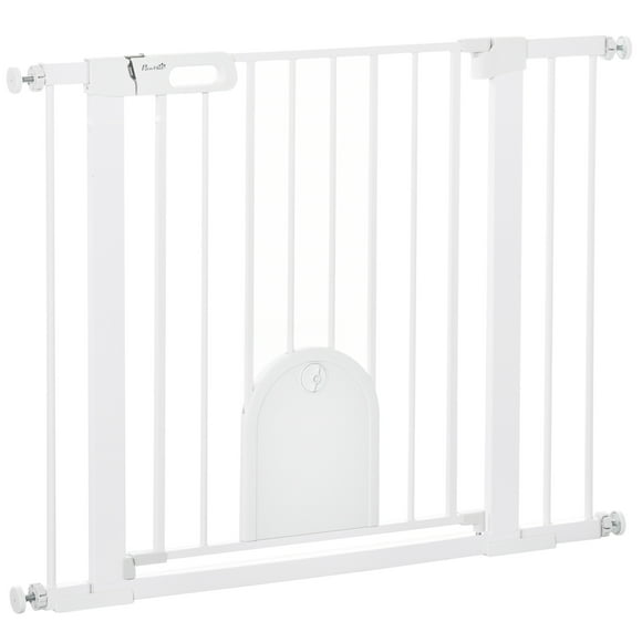 PawHut 30"-41" Extra Wide Pet Gate with Small Door, Dog Gate with Cat Door, Safety Gate Barrier, Stair Pressure Fit, w/ Auto Close, Double Locking, for Doorways, Hallways, Extensions Kit, White