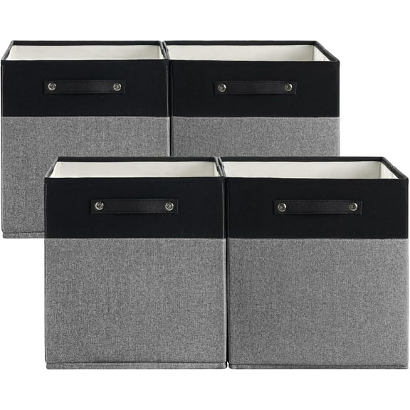 13 x 13 Inch Fine Linen Storage Bins with Handles，Fabric Cube Boxs，Collapsible Basket Organizers for Shelves for Home, Closet Drawers (Black/Gray-4 Pack)