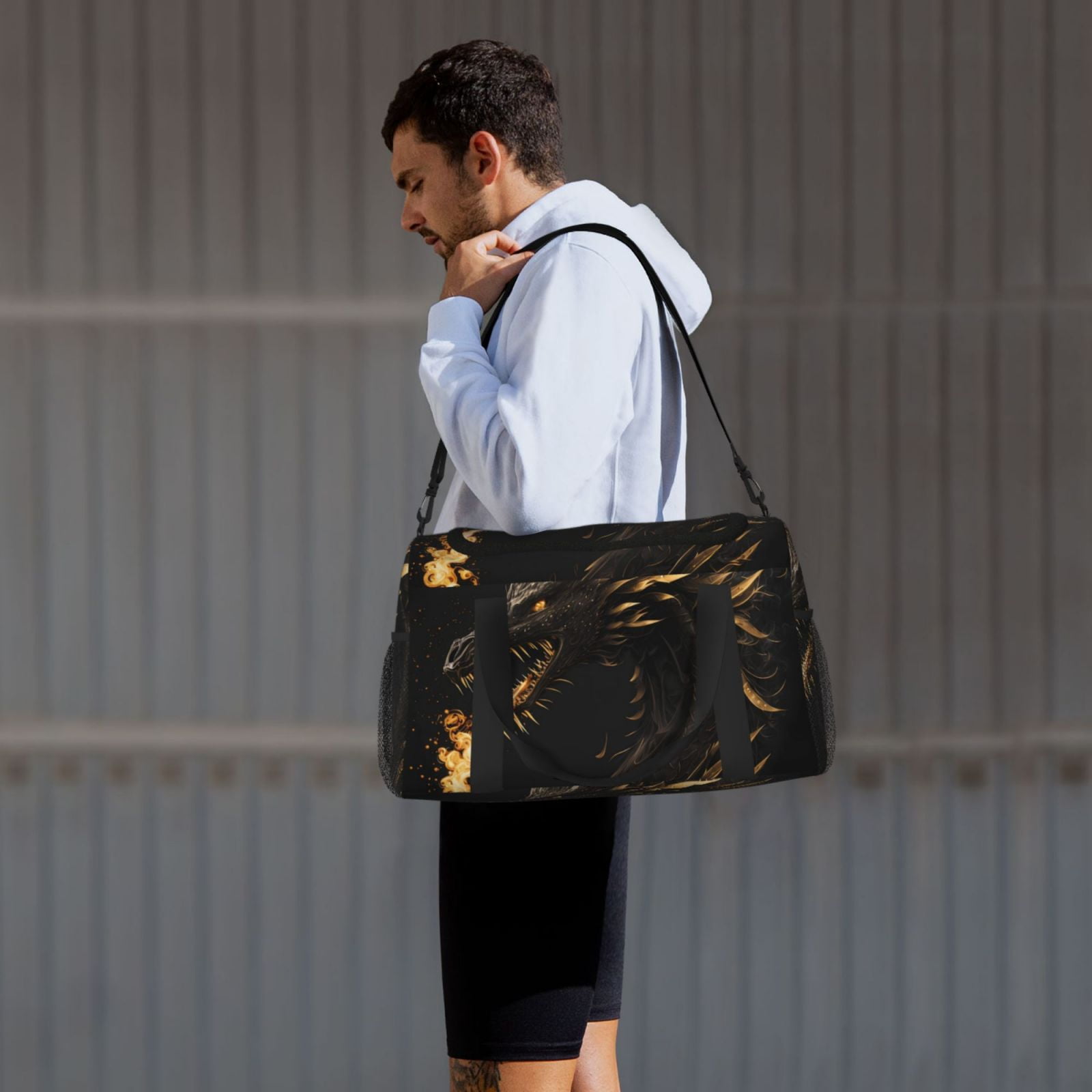 Fuzoiu Black And Gold Fire Dragon Print Travel Duffle Bag,Carry On Tote Bags,Duffel Bag,Sport Gym Bag, Hospital Bag for Labor and Delivery, Overnight Bag,Luggage Bag