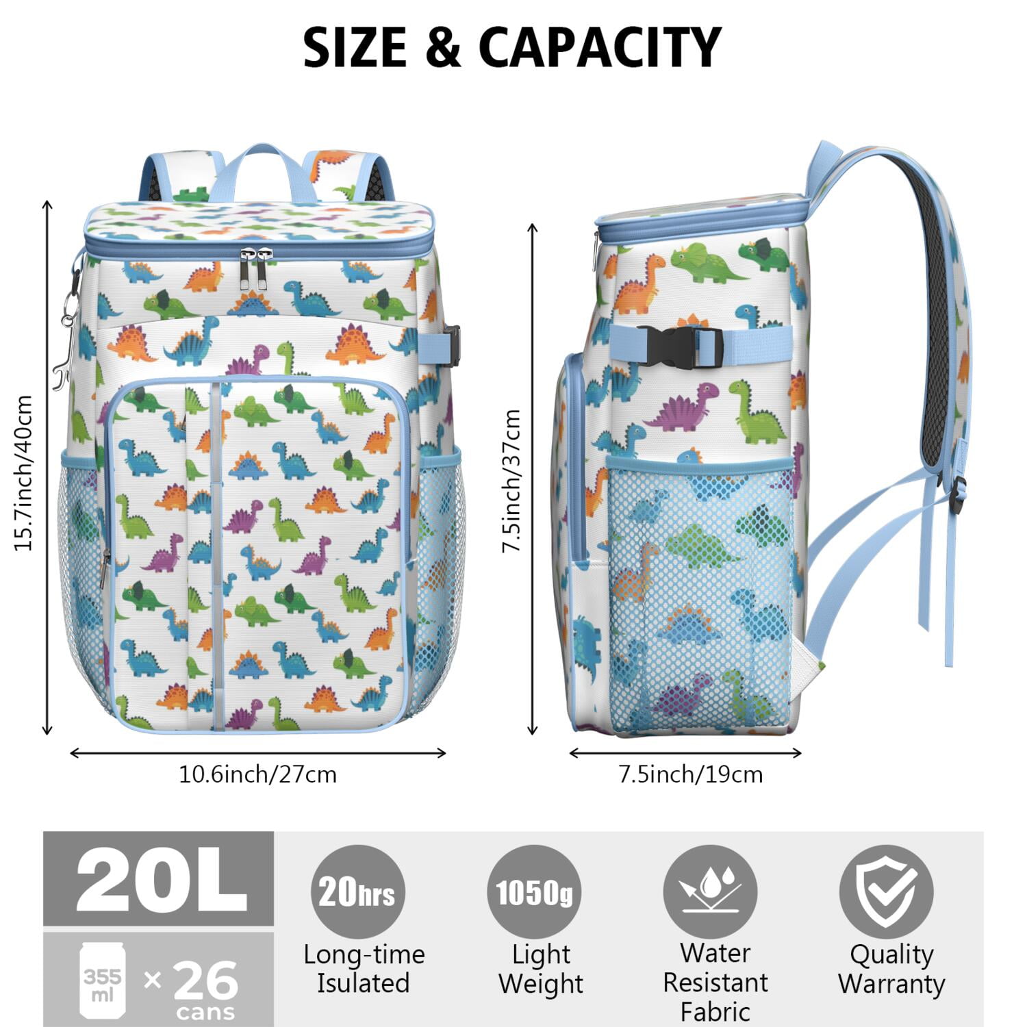 Travel Cooler Bag - White Dinosaurs Pattern Camping Beer Cooler Backpack with Bottle Opener- Waterproof Insulated Picnic Backpacks - Cooler Bag for Beach