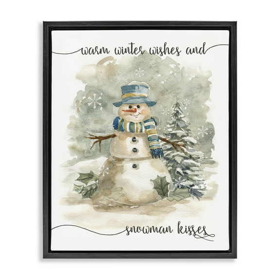 Stupell Industries Snowman Kisses Phrase Holiday Painting Black Floater Framed Canvas Art Prints Wall Art, 17 x 21