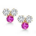 thumbnail image 2 of Gem Stone King 14K Yellow Gold White Lab Grown Diamond and Pink Sapphire Three Stone Stud Earrings for Women (0.67 Cttw, Gemstone April Birthstone, Round 3MM), 2 of 4