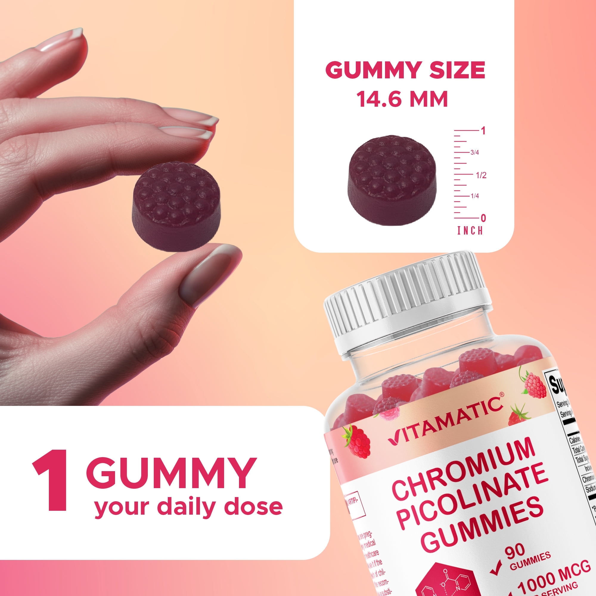 (3 pack) Vitamatic Chromium Picolinate 1000 mcg - 90 Gummies - High Potency Chromium - Raspberry Flavor