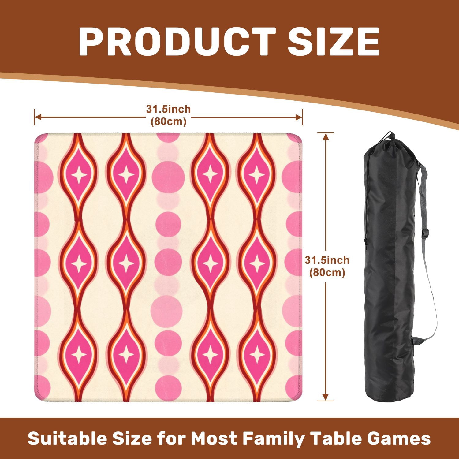 Mahjong Mat 31.5" x 31.5" Retro Pink Orange Geometric Star Accents Non-Slip Noise Reduction American Mahjong Tiles Table Cover for Dominoes Poker Card Board Games Gift