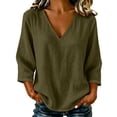thumbnail image 2 of Womens Summer Casual Imitation Cotton And Linen Tunic Blouse 3/4 Sleeve V Neck Peasant Shirts Beach Vacation Tees | CSEONE,Army Green L, 2 of 5
