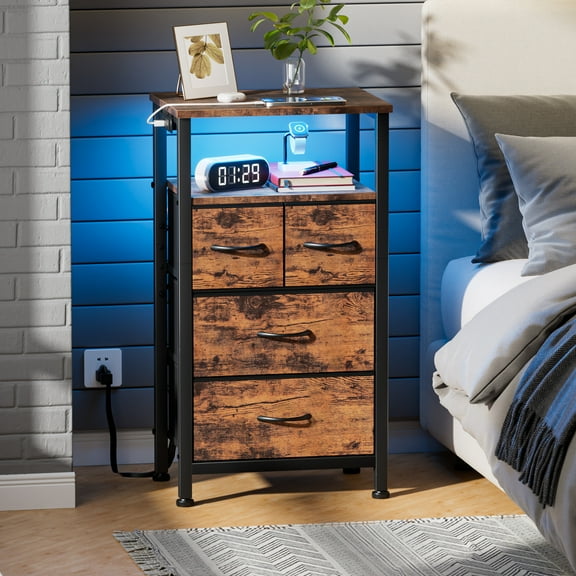 Satifur Chest of Drawers with Charging Station,LED Nightstand with 4 Fabric Storage Drawers, Rustic Brown