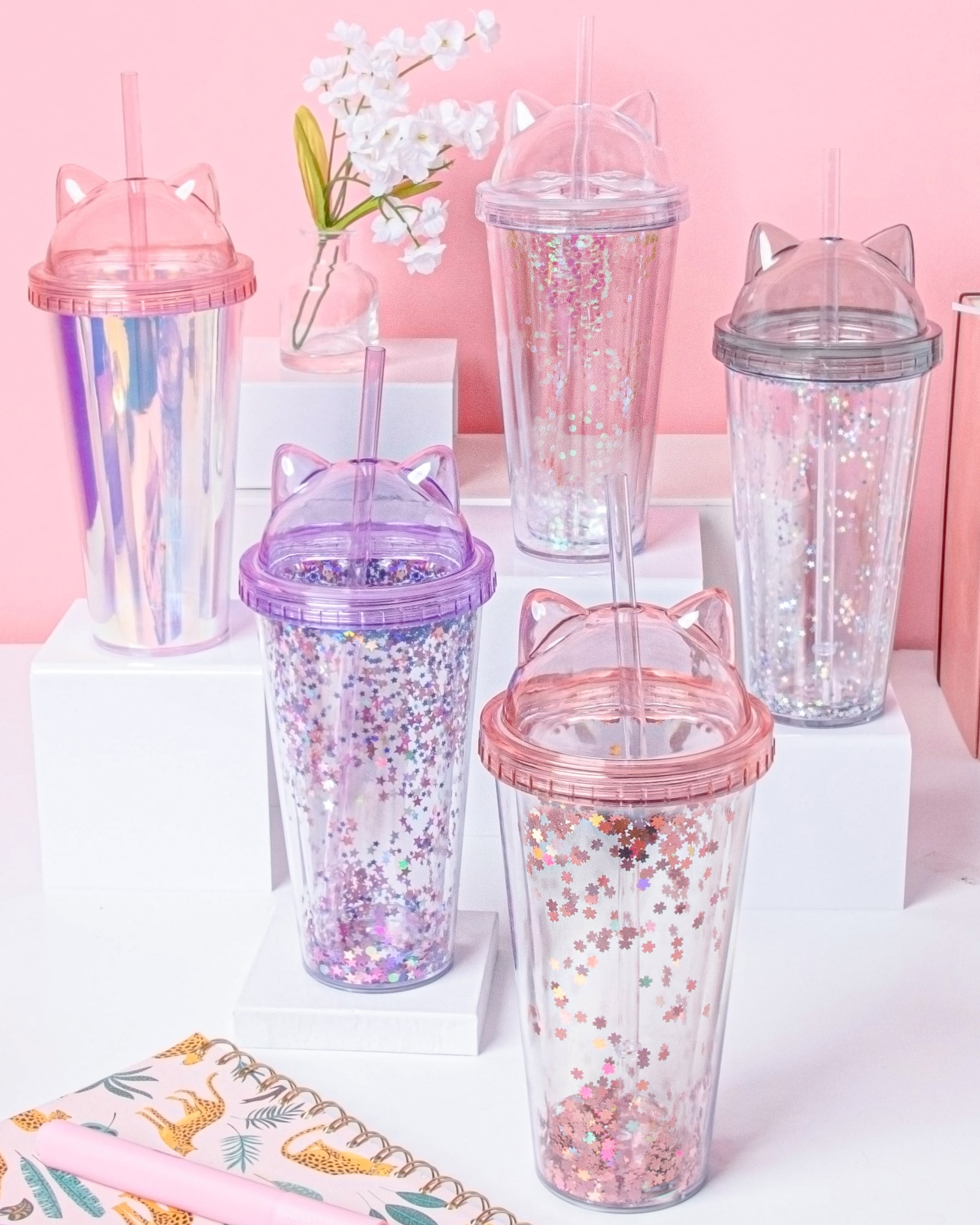 Glitter Cat Water Bottle - 5 Colors - Freefalling Design - Reuseable  Plastic Cup w/ Dome Lid and Straw - 300ml Size - Order Includes 1 Bottle - Glitter  Water Bottle Collection {Pink-Iridescent) 