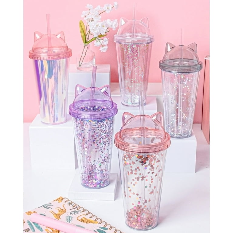 Reusable Tumbler Cup Water Bottles with Dome & Straw - Double Walled Cat  Ear Glitter for Drinking - For Kids & Adult Bottle - Purple 420 ml (Purple)  